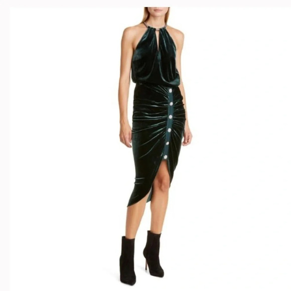 Veronica Beard Navita Velvet Asymmetrical Midi Skirt inEmerald Green